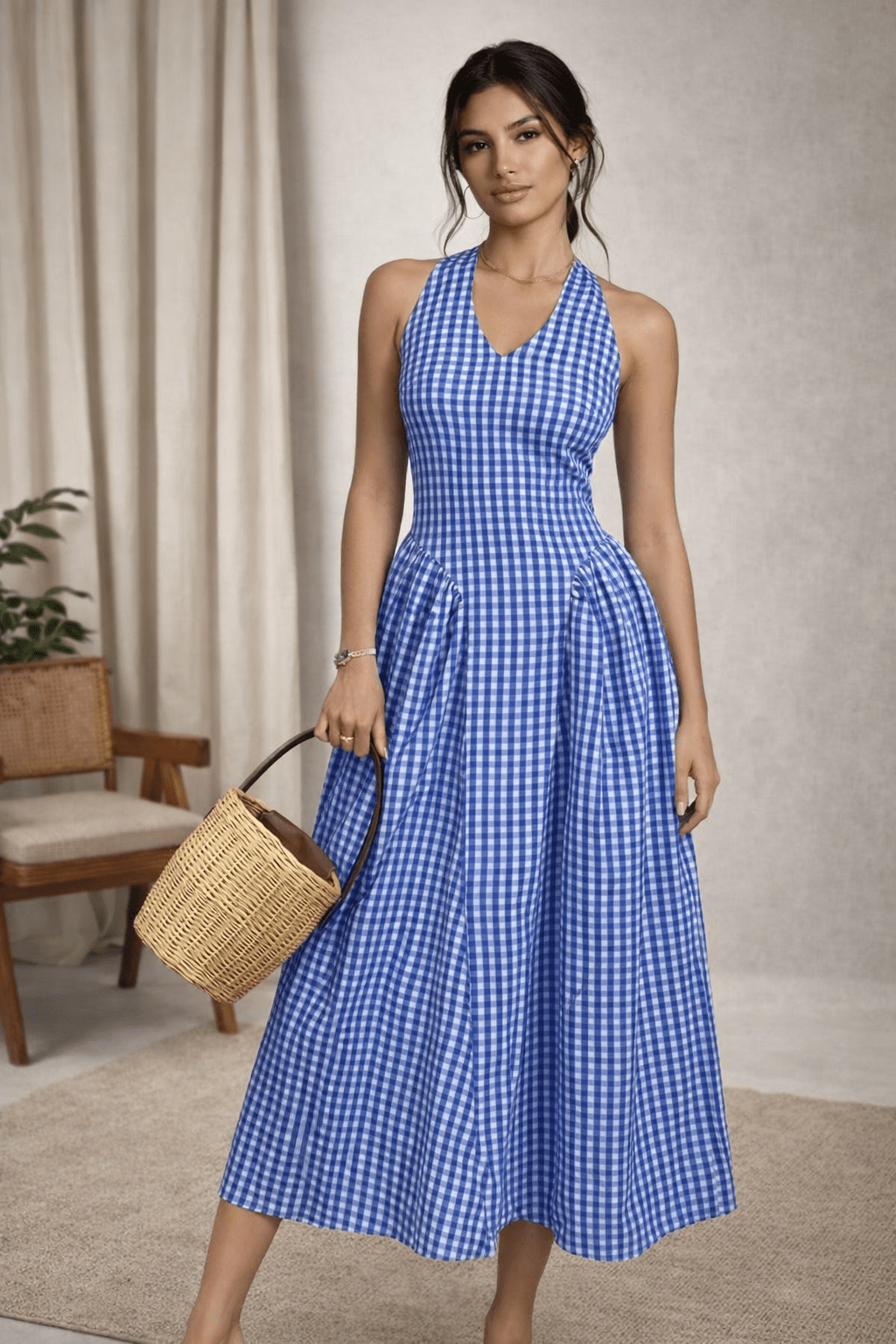 Gingham Halter Maxi Dress for Women | Checkered Flowy Summer Dress