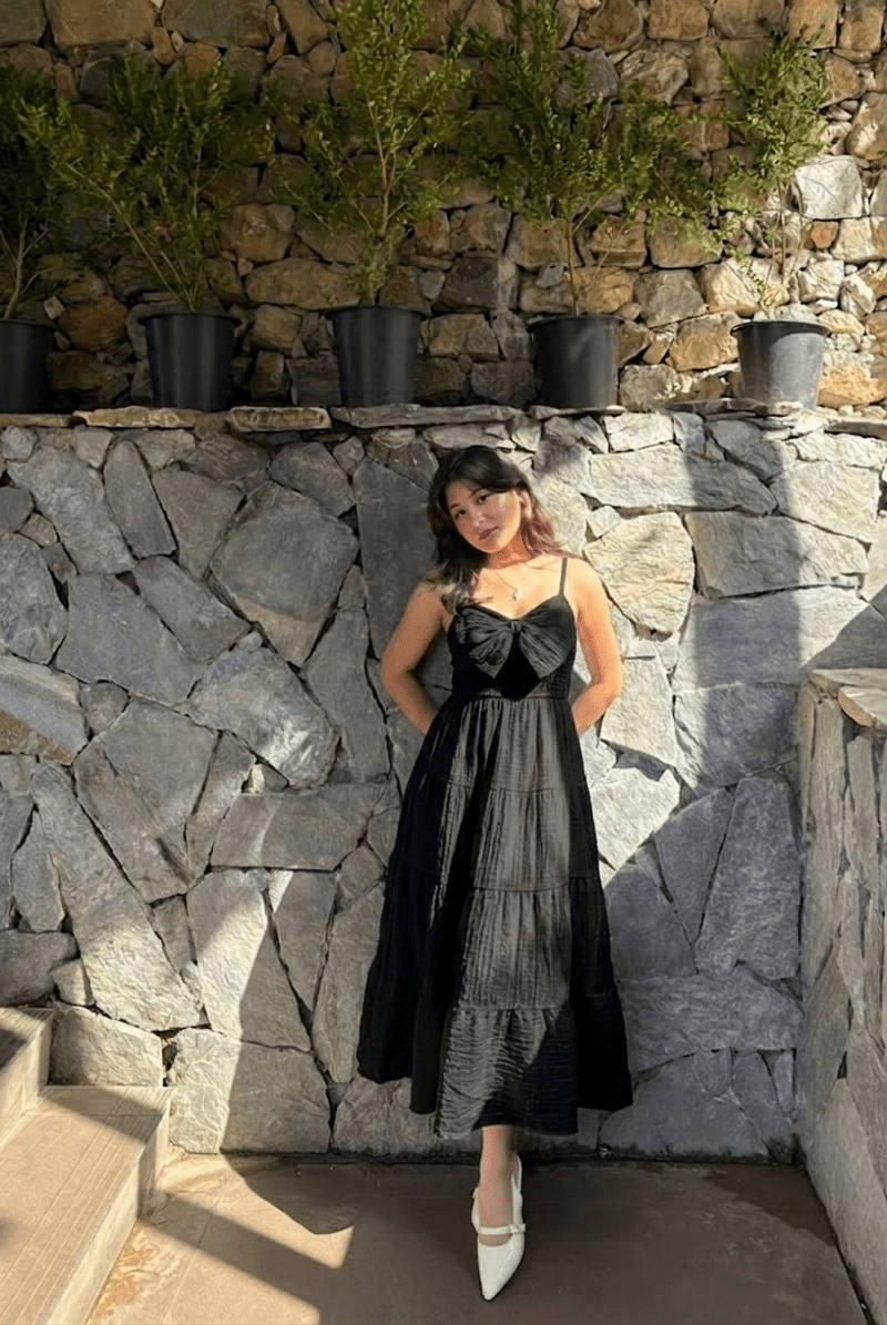 Black Bow Front Tiered Midi Dress | Kadambarie