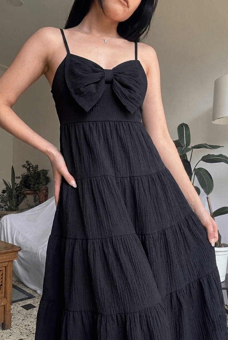 Black Bow Front Tiered Midi Dress | Kadambarie