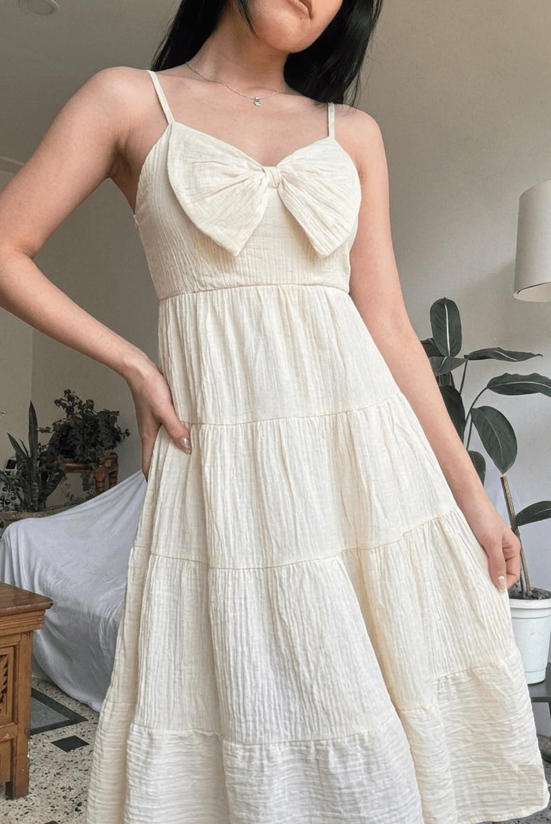 Cream spaghetti strap bow knot flowy dress women buy online India