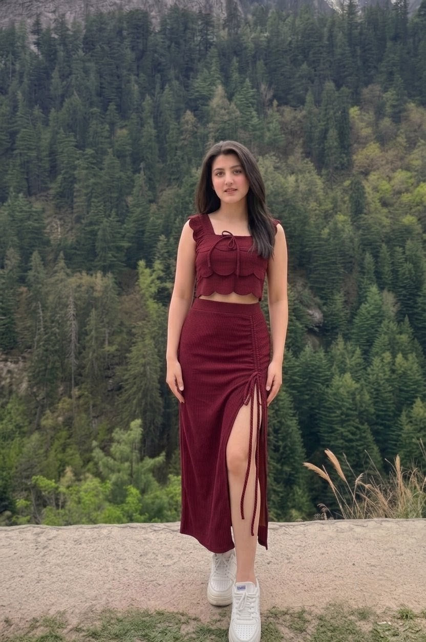 Maroon Ribbed Ruched Midi Skirt Co-Ord Set | Scallop Crop Top with Side Slit | Kadambarie