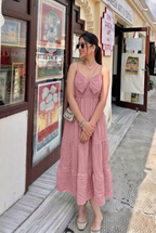 Pink Bow Front Tiered Midi Dress | Kadambarie