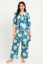 Blue Floral Printed Kurta Set with Straight Pants