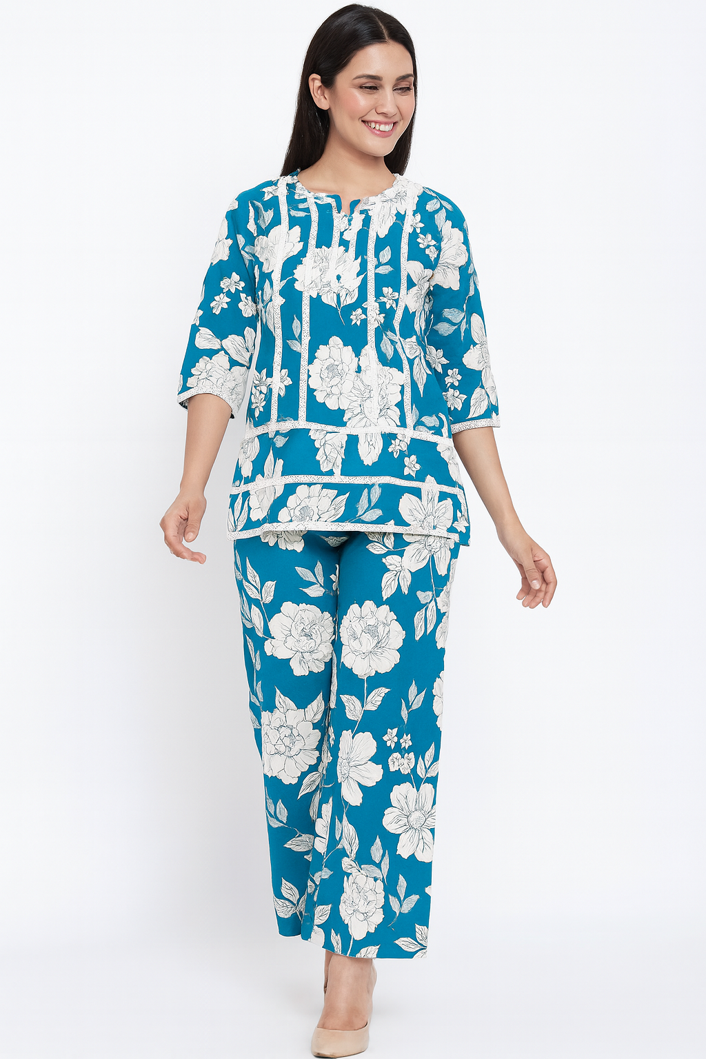 Blue Floral Printed Kurta Set with Straight Pants