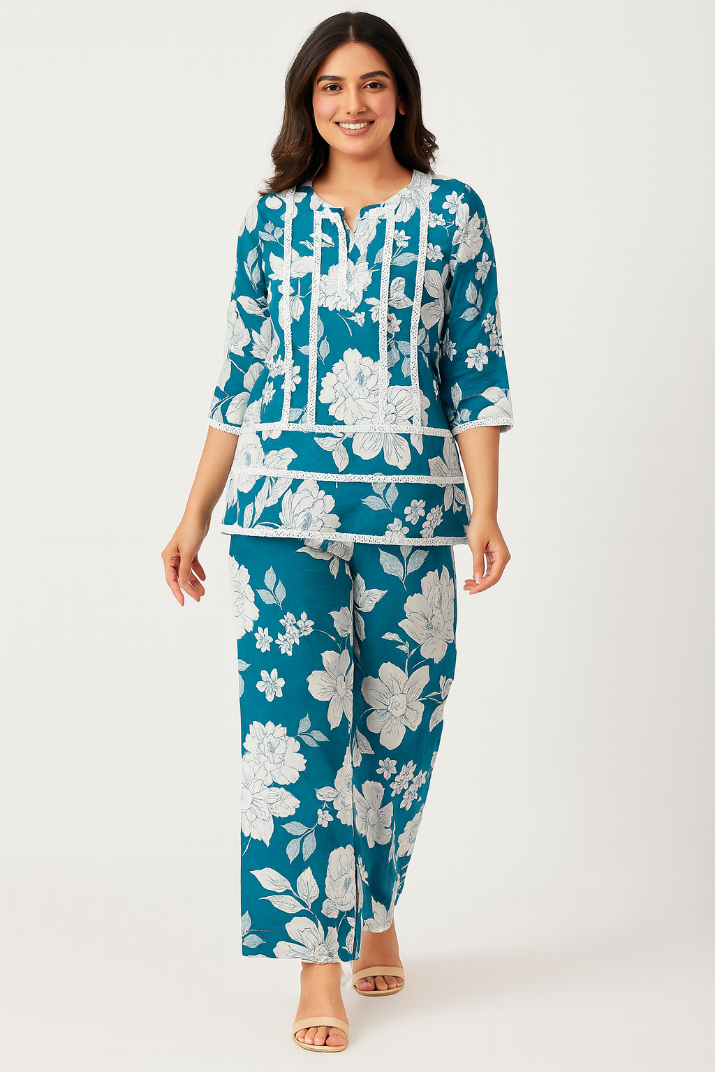 Blue Floral Printed Kurta Set with Straight Pants