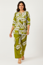 Olive Green Tropical Leaf Printed Kurta Set with Straight Pants