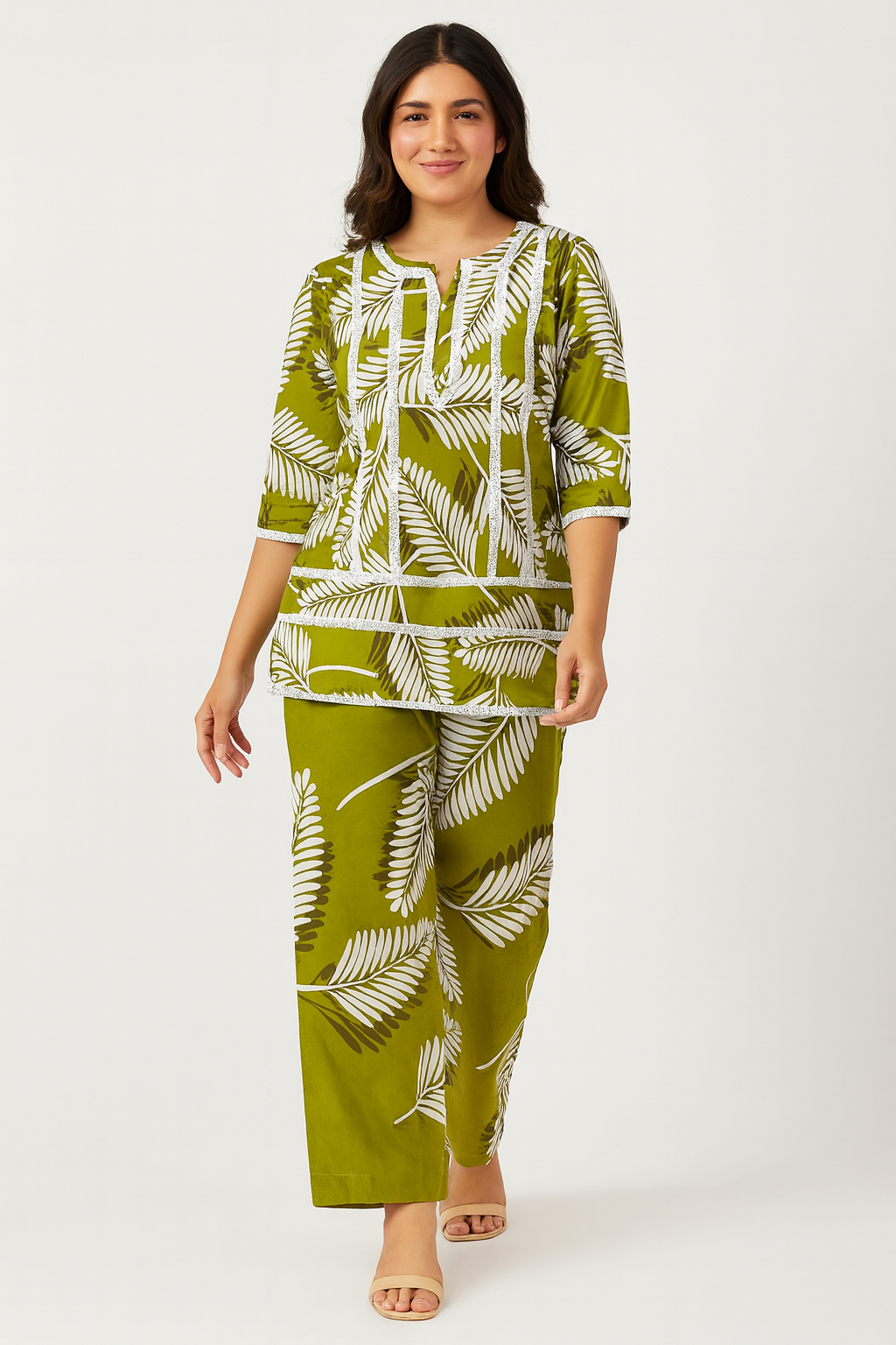 Olive Green Tropical Leaf Printed Kurta Set with Straight Pants