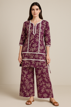 Wine Purple Leaf Printed Kurta Set with Straight Pants