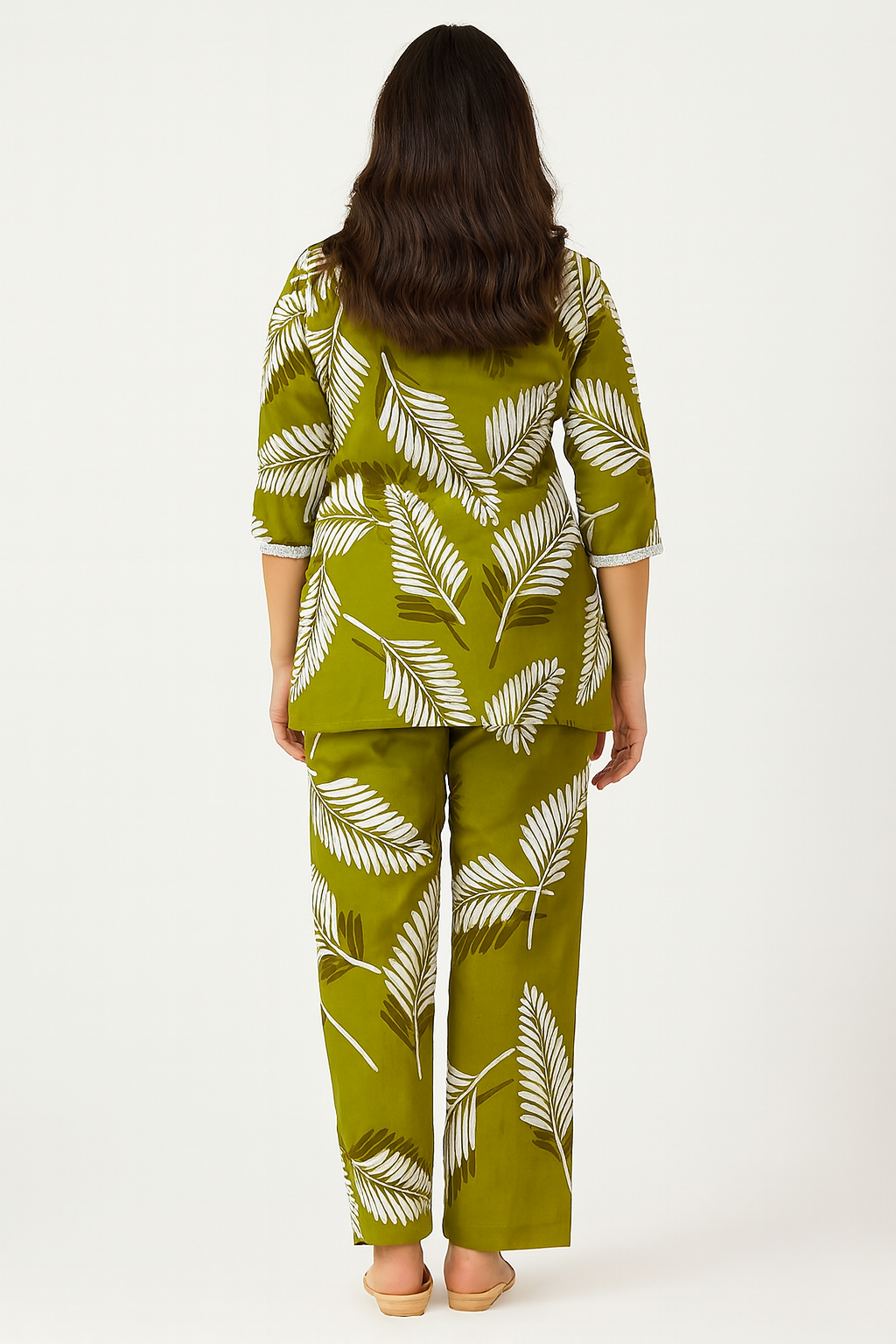 Olive Green Tropical Leaf Printed Kurta Set with Straight Pants