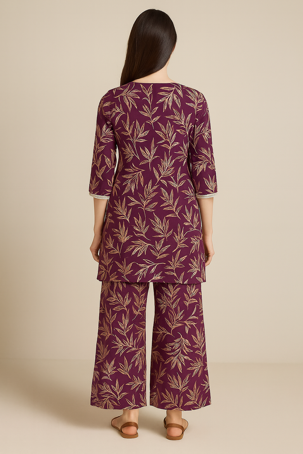 Wine Purple Leaf Printed Kurta Set with Straight Pants