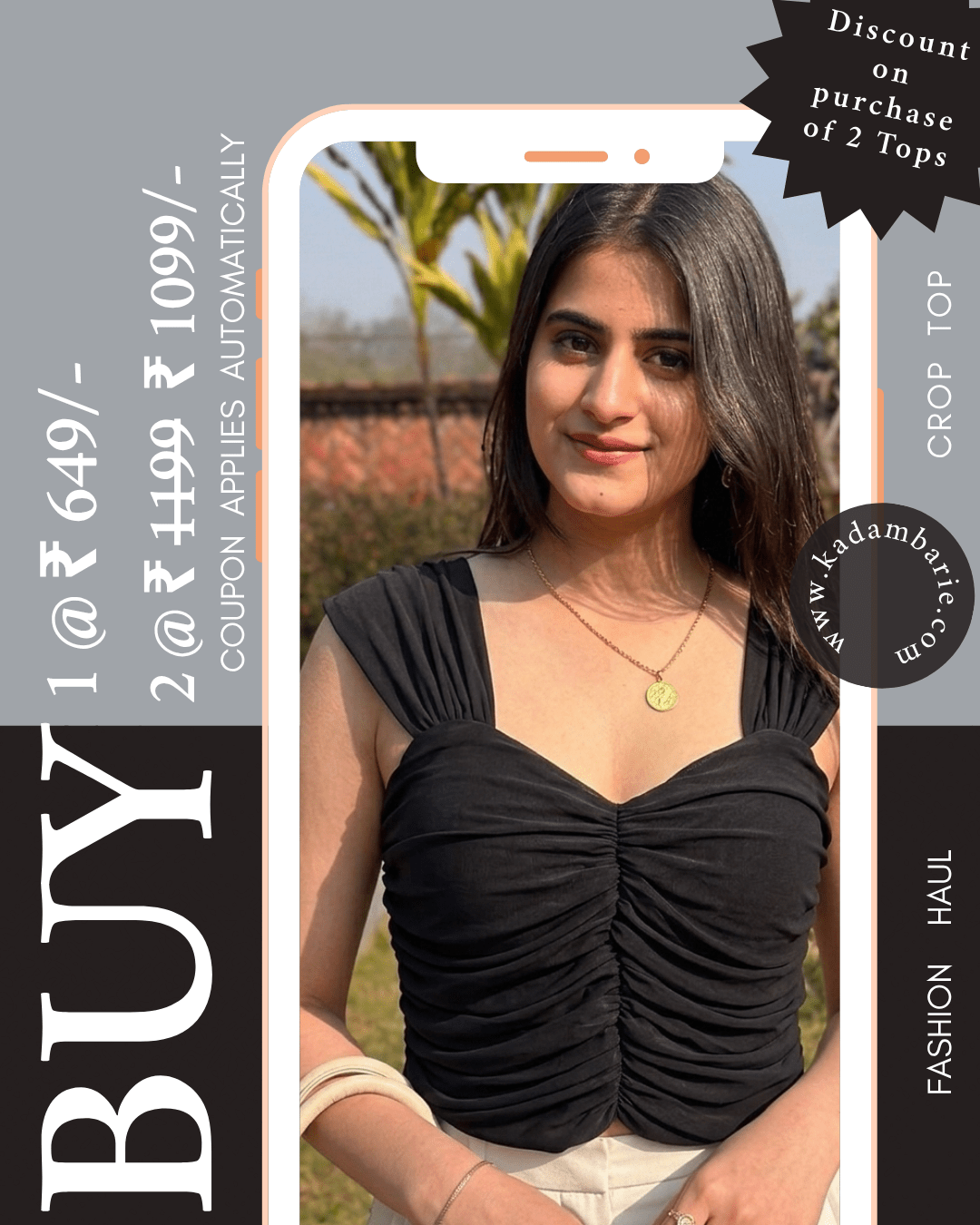 Woman wearing a black top outdoors with promotional text overlay