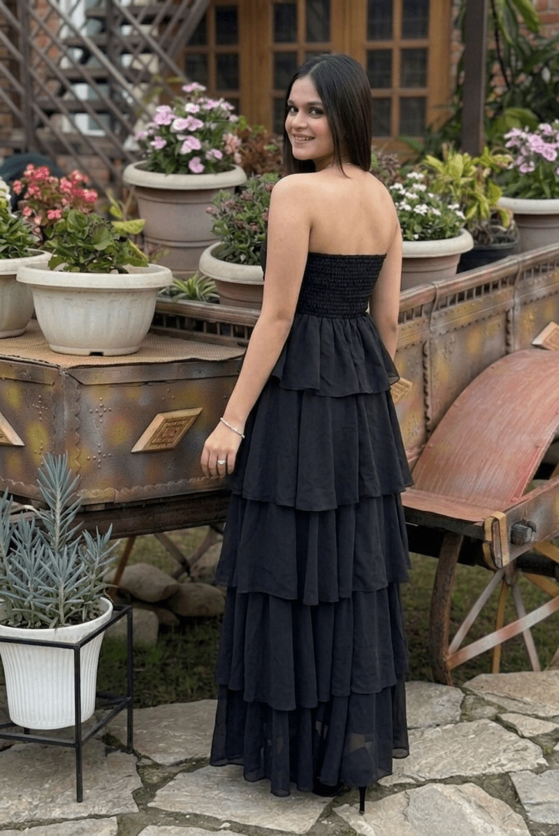 Black Strapless Tiered Maxi Dress | Flowy Party Dress | Kadambarie Kadambarie | By Jiya Lal Kapoor & Grandson Black Strapless Tiered Maxi Dress | Flowy Party Dress | Kadambarie Kadambarie | By Jiya Lal Kapoor & Grandson