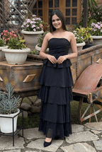 Black Strapless Tiered Maxi Dress | Flowy Party Dress | Kadambarie - Kadambarie | By Jiya Lal Kapoor & Grandson