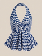 Blue Gingham Halter Top | Checkered Twist Front Top | Kadambarie
