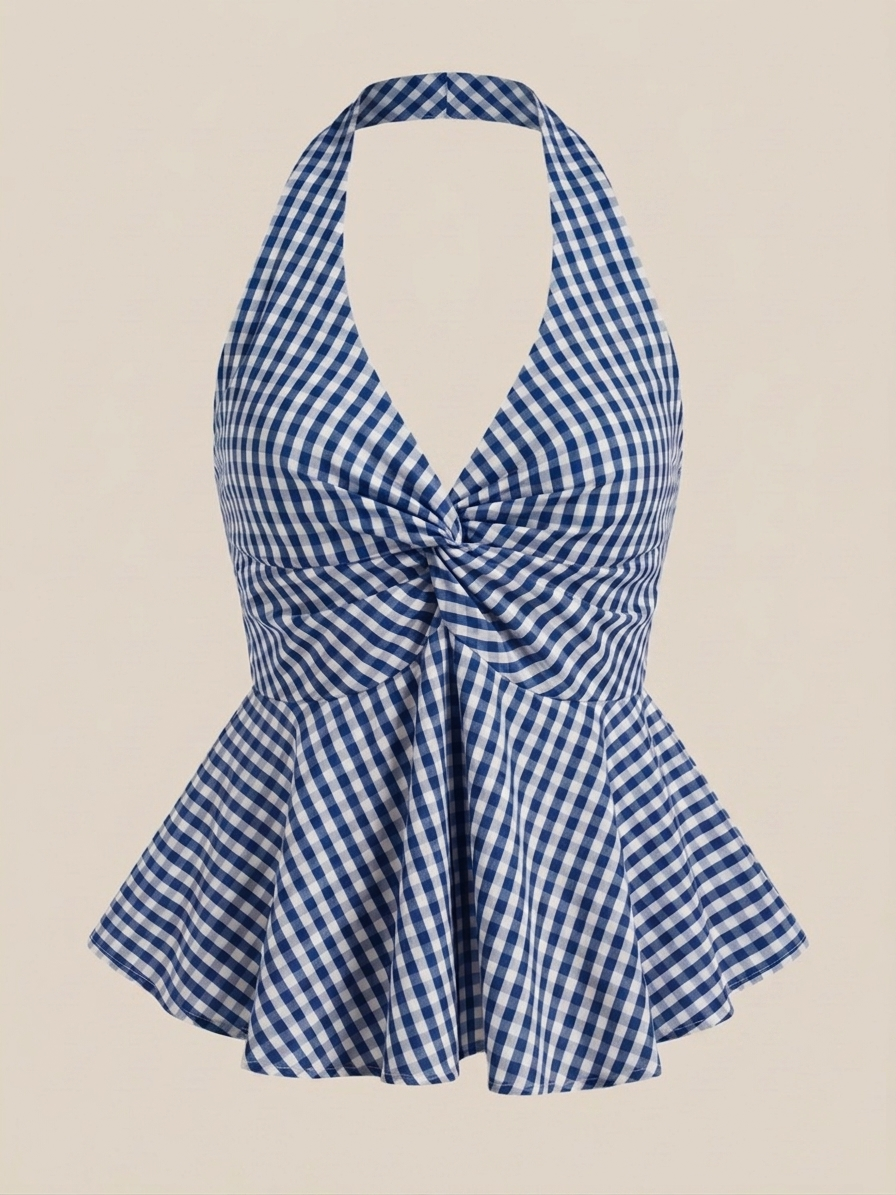 Blue Gingham Halter Top | Checkered Twist Front Top | Kadambarie