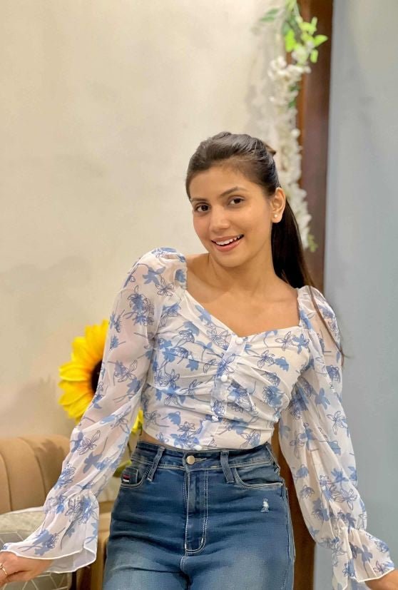 Blue western crop top puff sleeves online India