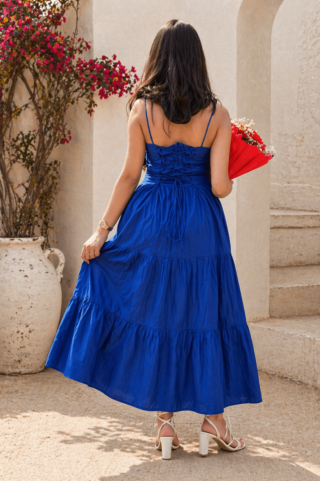 Royal Blue Tiered Maxi Dress for Women | Ruched Spaghetti Strap Long Dress India | Kadambarie - Kadambarie | By Jiya Lal Kapoor & Grandson