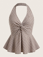 Chocolate Brown Gingham Halter Top | Checkered Twist Front Top | Kadambarie