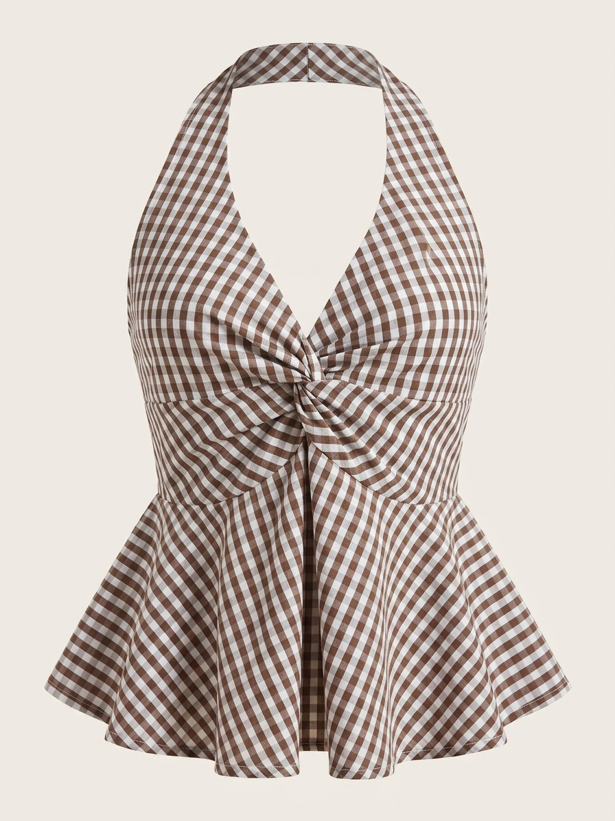 Chocolate Brown Gingham Halter Top | Checkered Twist Front Top | Kadambarie