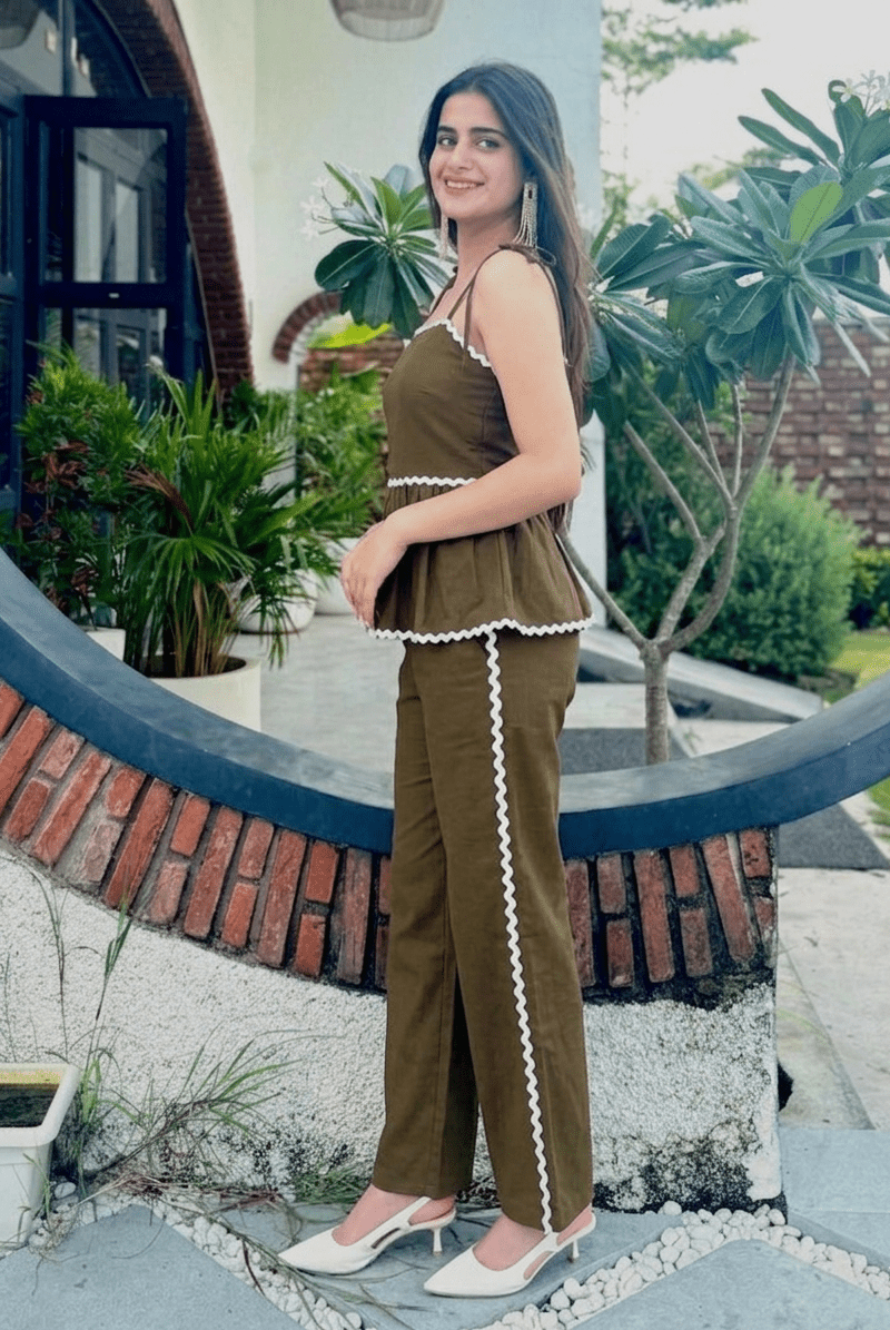 Chocolate Brown Peplum Co-Ord Set | Cotton Cami and Trouser | Kadambarie