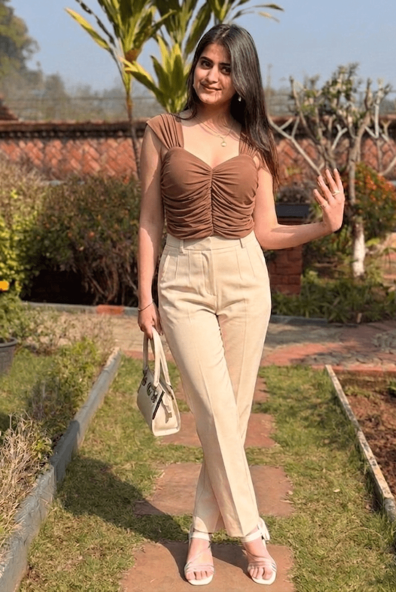 Silk brown strappy ruched crop top women western wear
