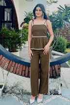 Chocolate Brown Peplum Co - Ord Set | Cotton Cami and Trouser | Kadambarie - Kadambarie | By Jiya Lal Kapoor & Grandson
