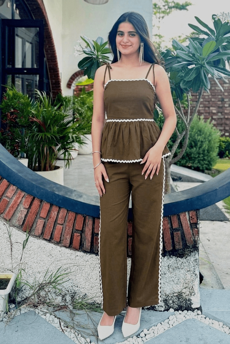 Chocolate Brown Peplum Co-Ord Set | Cotton Cami and Trouser | Kadambarie