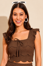 Coffee Brown Ribbed Ruched Midi Skirt Co-Ord Set | Scallop Crop Top with Side Slit | Kadambarie
