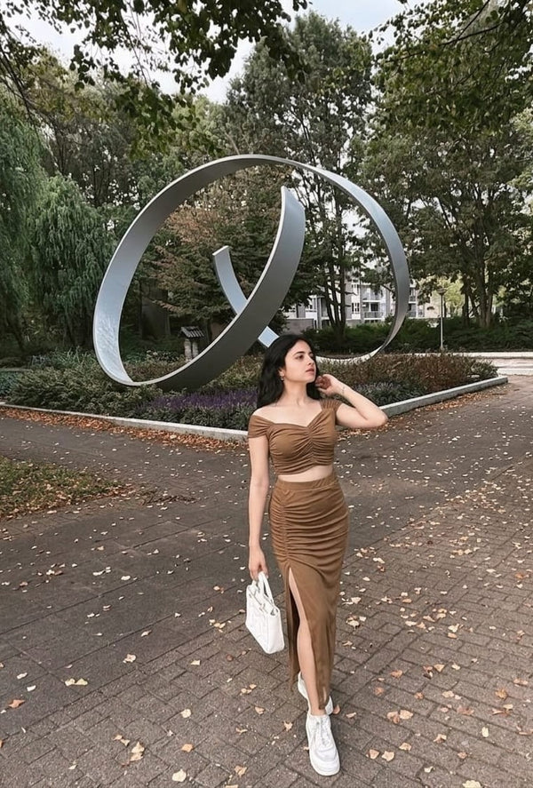 Coffee Brown Ruched Co-Ord Set | Off-Shoulder Crop Top with Ruched Midi Skirt | Kadambarie