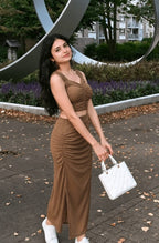 Coffee Brown Ruched Co-Ord Set | Off-Shoulder Crop Top with Ruched Midi Skirt | Kadambarie