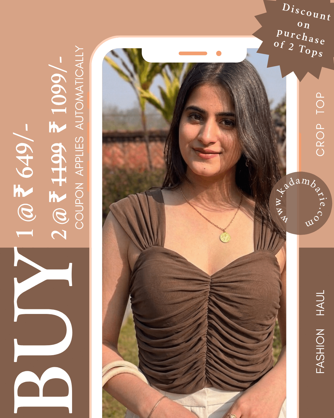 Woman wearing a brown top with promotional text on a beige background