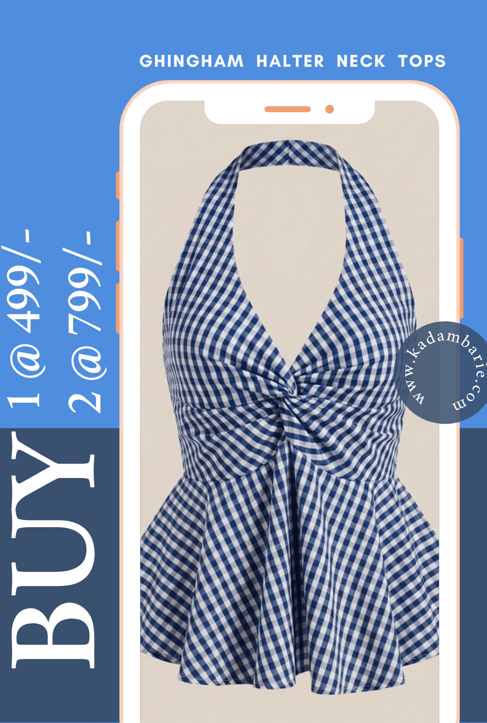 Blue checkered twist front halter top women