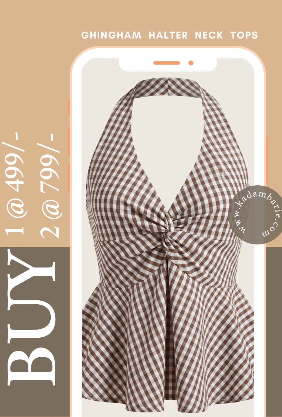 Brown checkered twist front halter top women