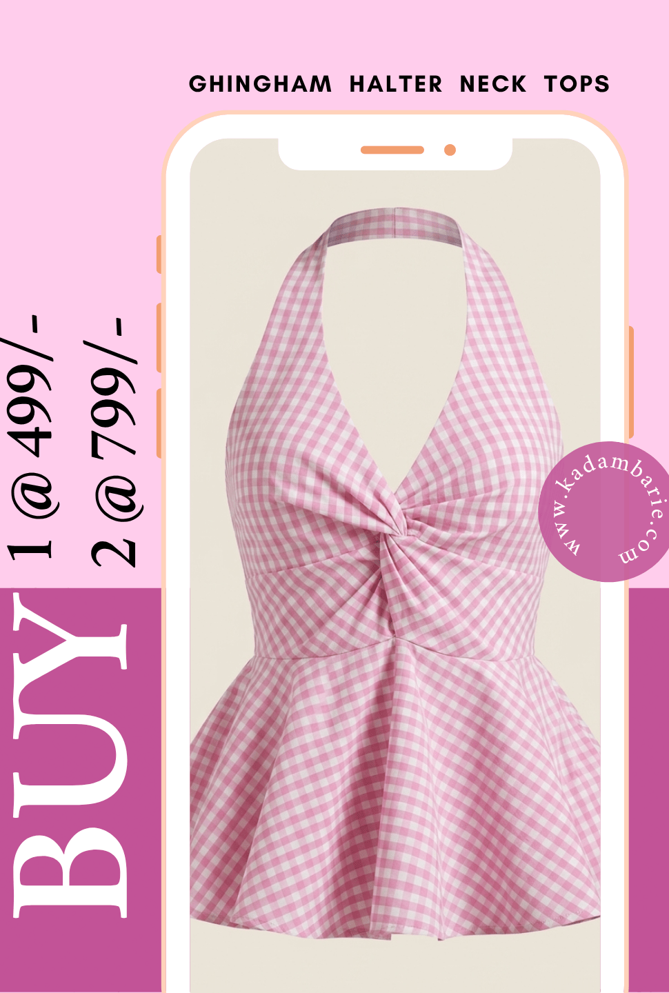 Pink checkered twist front halter top women