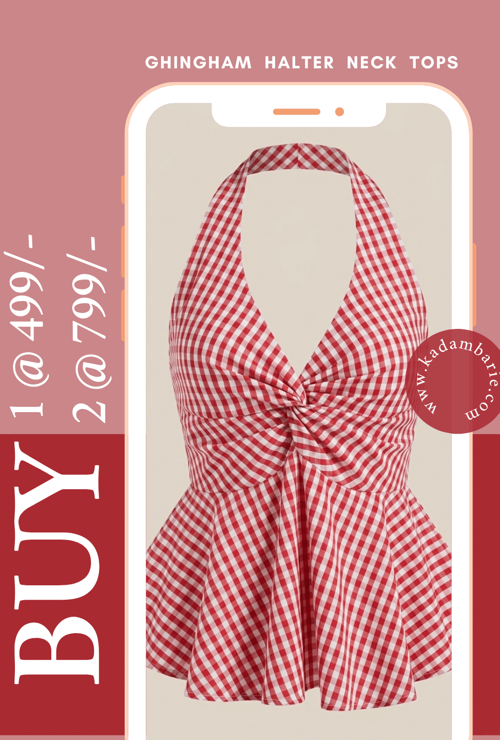 Red checkered twist front halter top women