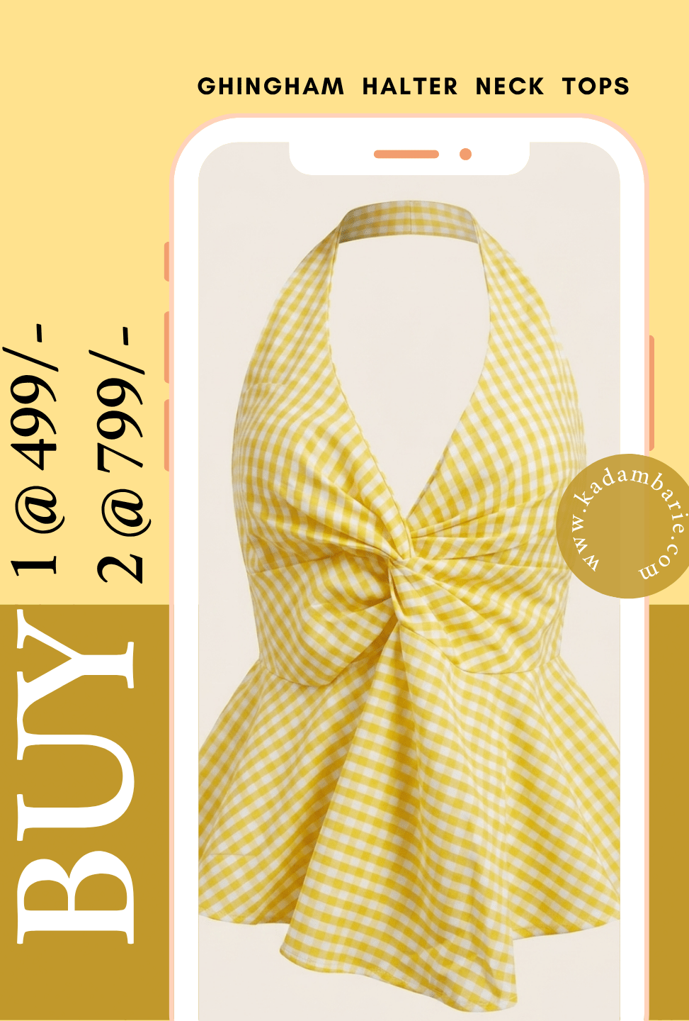 Yellow checkered twist front halter top women