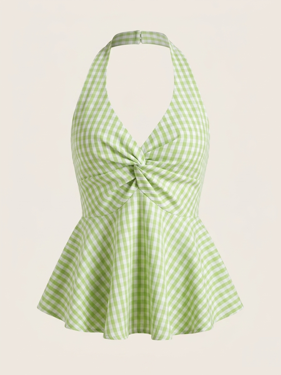 Pista Green Gingham Halter Top | Checkered Twist Front Top | Kadambarie