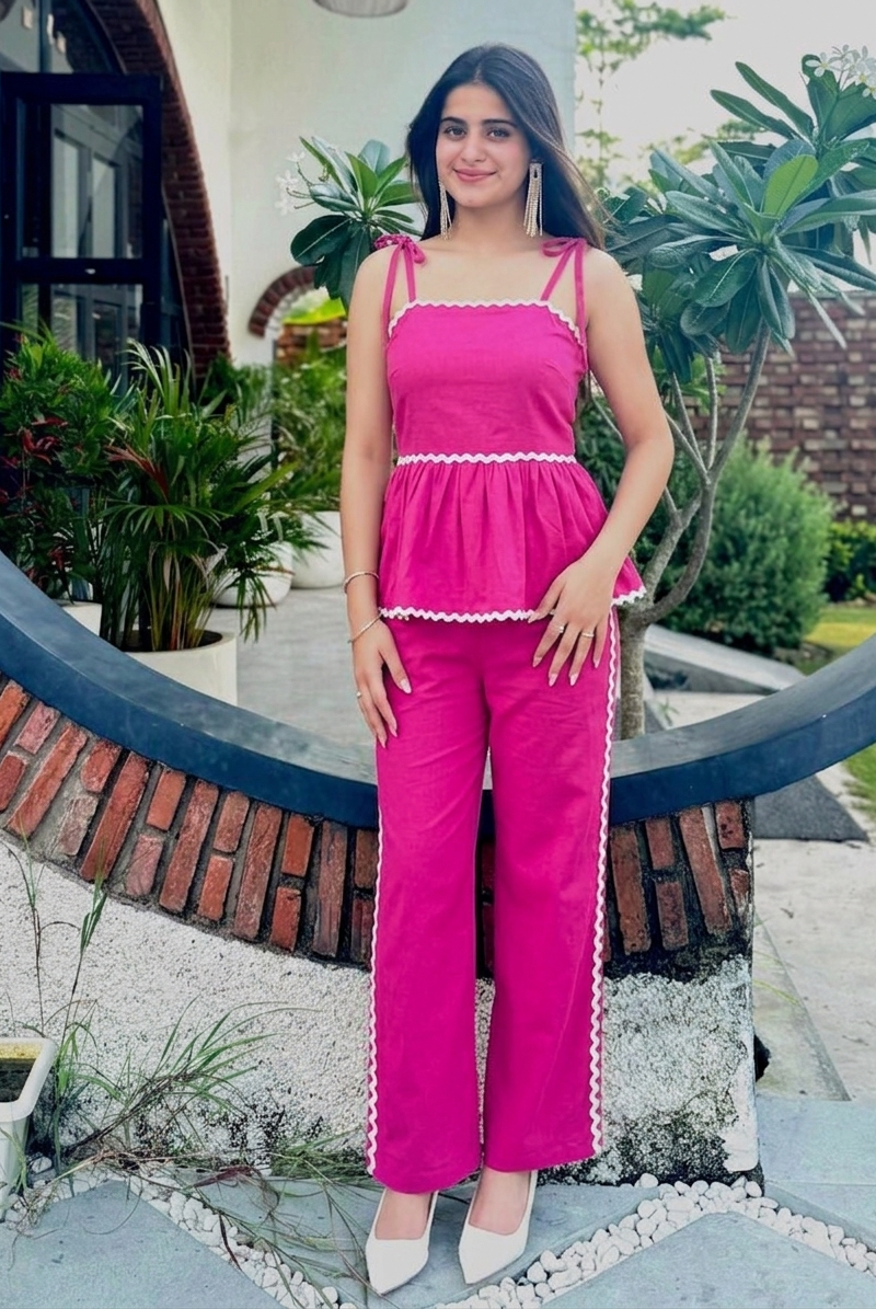 Hot Pink Peplum Co-Ord Set | Cotton Cami and Trouser | Kadambarie