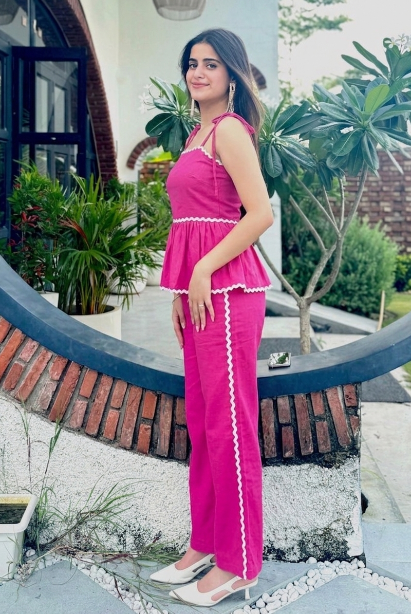 Hot Pink Peplum Co-Ord Set | Cotton Cami and Trouser | Kadambarie