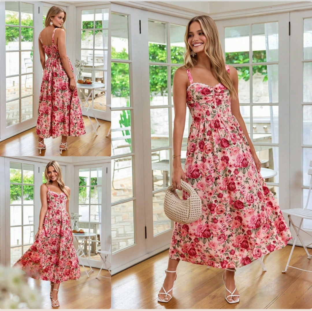 Blush Rose Garden Floral Strappy Midi Dress