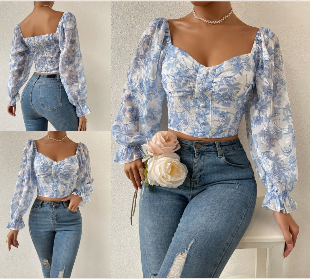 Bluebell Blossom Puff-Sleeve Floral Crop Top
