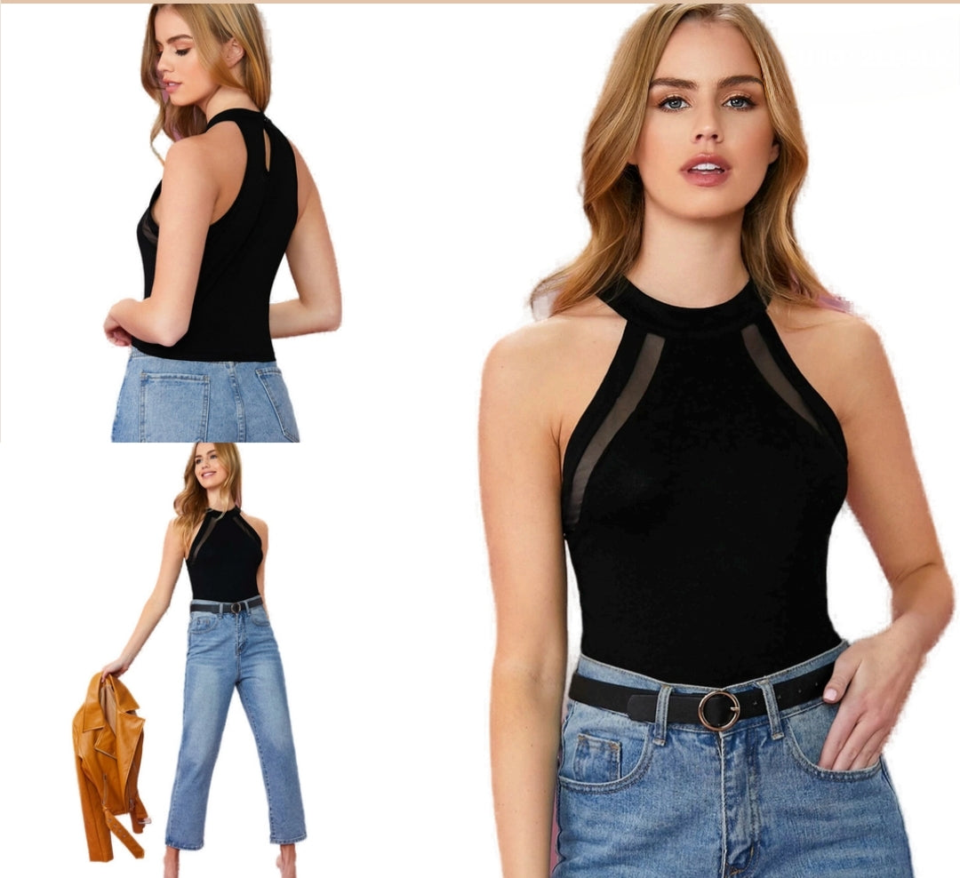 Eclipse Noir Sheer-Panel Halter Neck Top