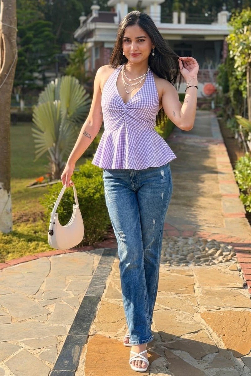 Lavender Gingham Halter Top | Checkered Twist Front Top | Kadambarie - Kadambarie | By Jiya Lal Kapoor & Grandson