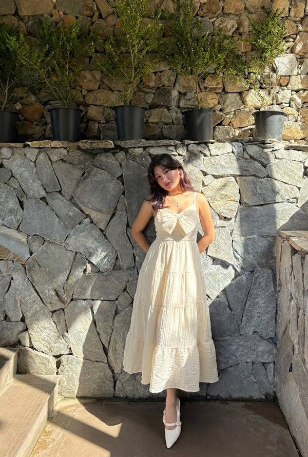 Cream Bow Front Tiered Midi Dress | Kadambarie - Kadambarie | By Jiya Lal Kapoor & Grandson