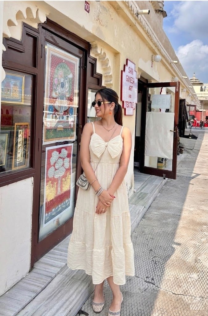 Cream spaghetti strap bow knot flowy dress women buy online India