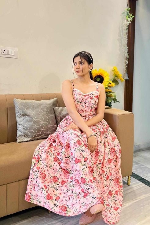 Floral Strappy Corset Maxi Dress for Women | Blush Rose Garden Long Dress | Kadambarie - Kadambarie | By Jiya Lal Kapoor & Grandson