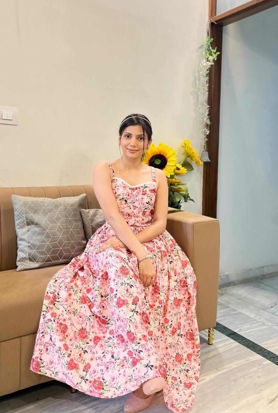 Floral Strappy Corset Maxi Dress for Women | Blush Rose Garden Long Dress | Kadambarie - Kadambarie | By Jiya Lal Kapoor & Grandson