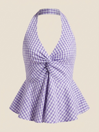 Lavender Gingham Halter Top | Checkered Twist Front Top | Kadambarie
