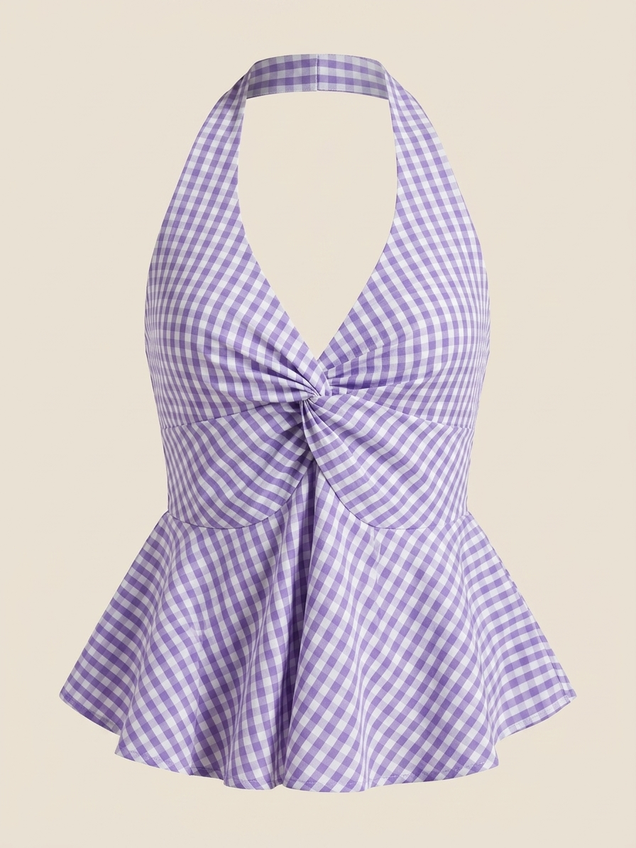 Lavender Gingham Halter Top | Checkered Twist Front Top | Kadambarie
