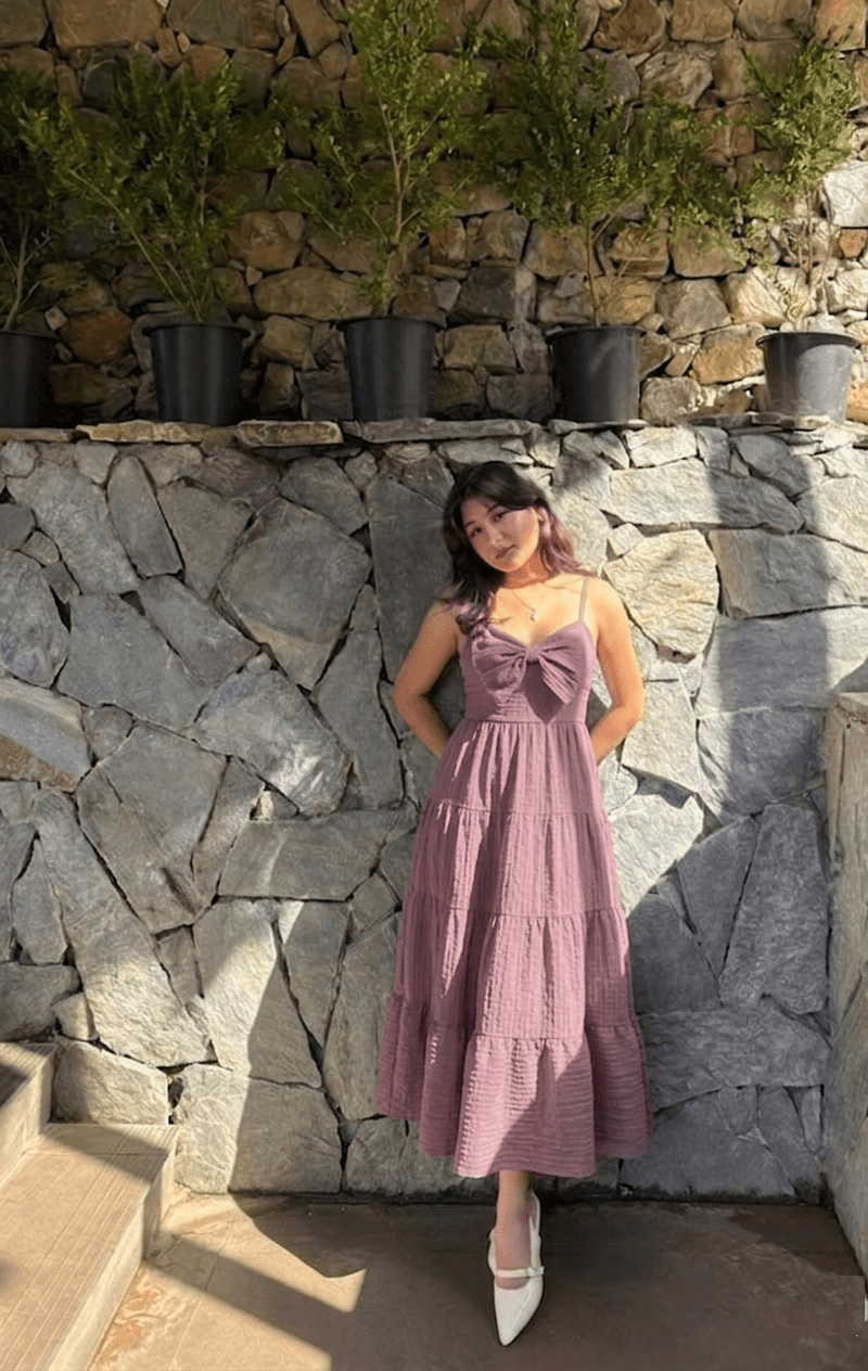 Mauve Bow Front Tiered Midi Dress | Kadambarie - Kadambarie | By Jiya Lal Kapoor & Grandson